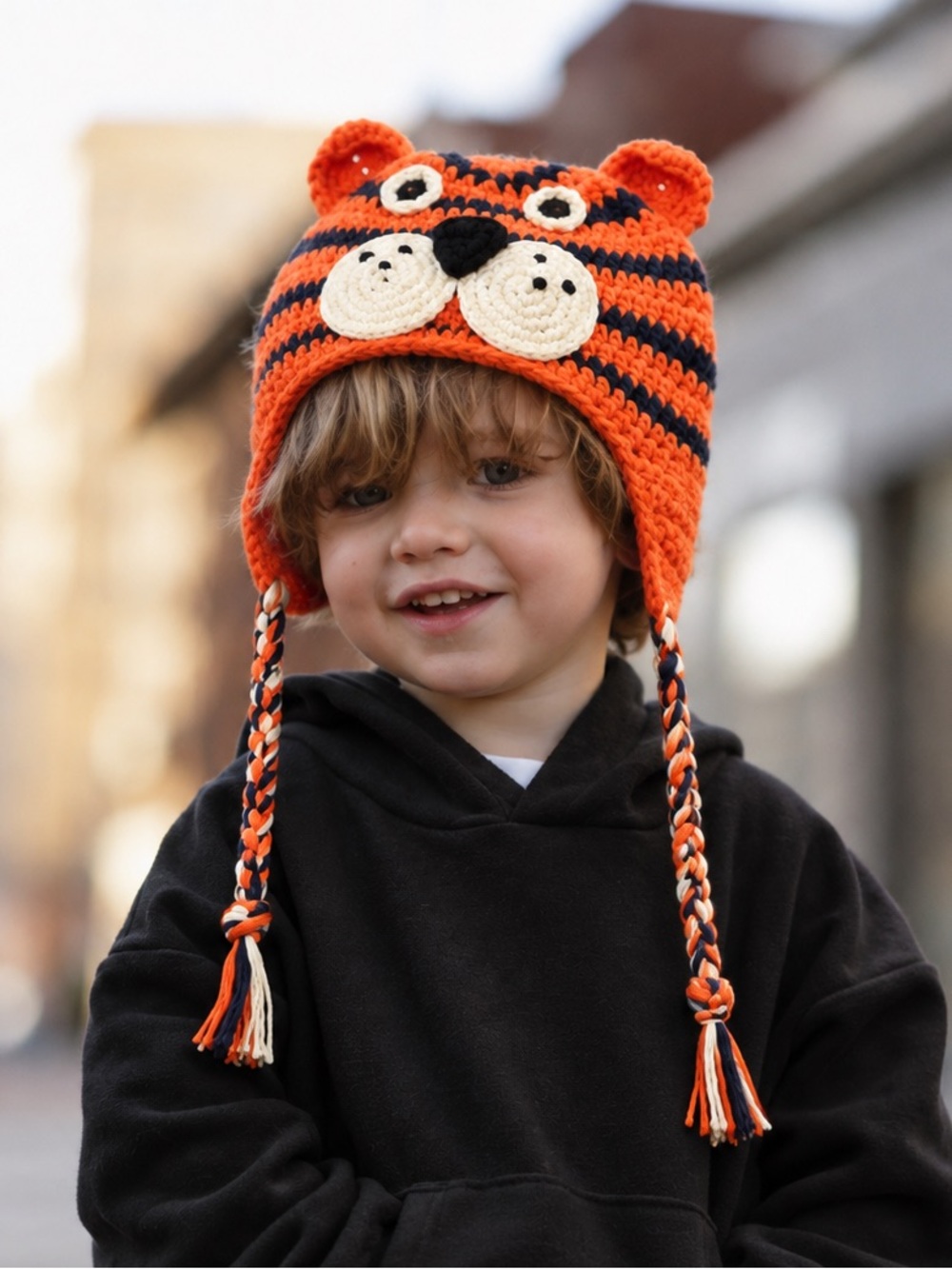 Handmade Crochet Tiger Earflap Hat Kids Orange Navy Animal Face Braided Ties